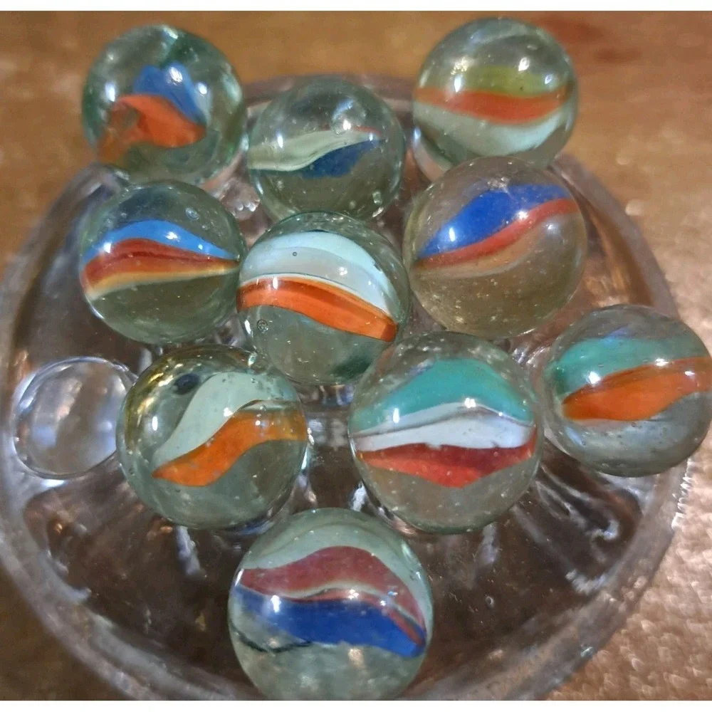 Lot Of 10 Estate Sale Marbles Red Wht Blue & Orange Wht Grn